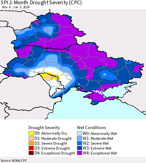 Ukraine, Moldova and Belarus SPI 2-Month Drought Severity (CPC) Thematic Map For 11/6/2023 - 1/5/2024