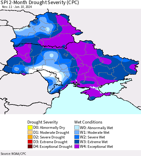 Ukraine, Moldova and Belarus SPI 2-Month Drought Severity (CPC) Thematic Map For 11/11/2023 - 1/10/2024