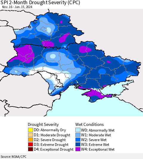Ukraine, Moldova and Belarus SPI 2-Month Drought Severity (CPC) Thematic Map For 11/16/2023 - 1/15/2024