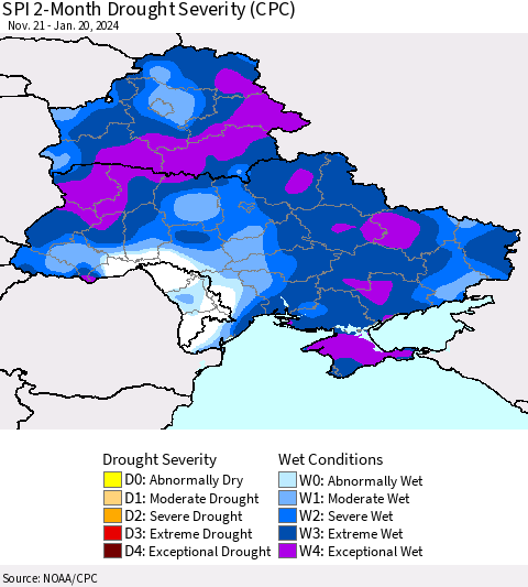 Ukraine, Moldova and Belarus SPI 2-Month Drought Severity (CPC) Thematic Map For 11/21/2023 - 1/20/2024
