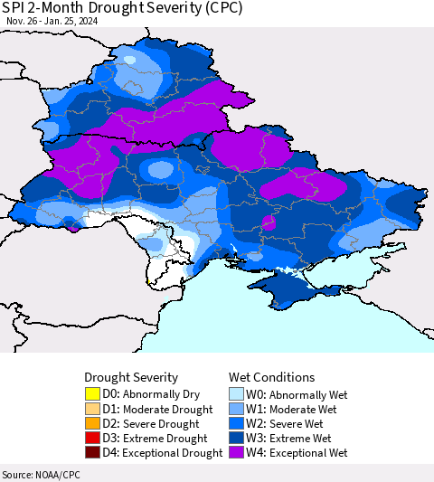 Ukraine, Moldova and Belarus SPI 2-Month Drought Severity (CPC) Thematic Map For 11/26/2023 - 1/25/2024