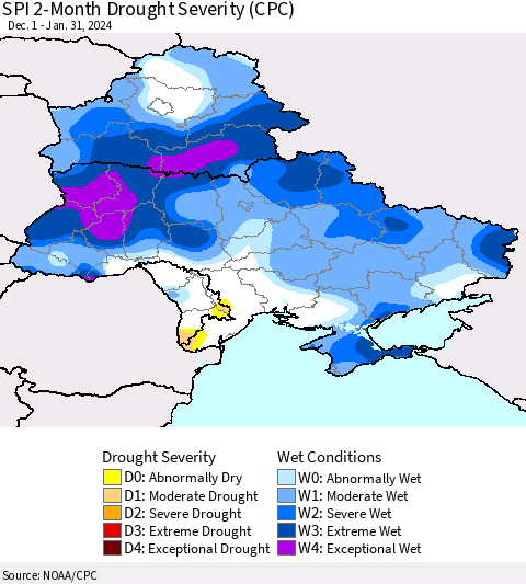 Ukraine, Moldova and Belarus SPI 2-Month Drought Severity (CPC) Thematic Map For 12/1/2023 - 1/31/2024