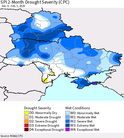 Ukraine, Moldova and Belarus SPI 2-Month Drought Severity (CPC) Thematic Map For 12/6/2023 - 2/5/2024
