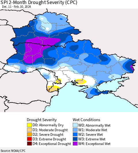 Ukraine, Moldova and Belarus SPI 2-Month Drought Severity (CPC) Thematic Map For 12/11/2023 - 2/10/2024