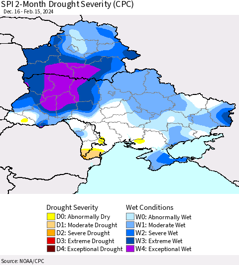 Ukraine, Moldova and Belarus SPI 2-Month Drought Severity (CPC) Thematic Map For 12/16/2023 - 2/15/2024