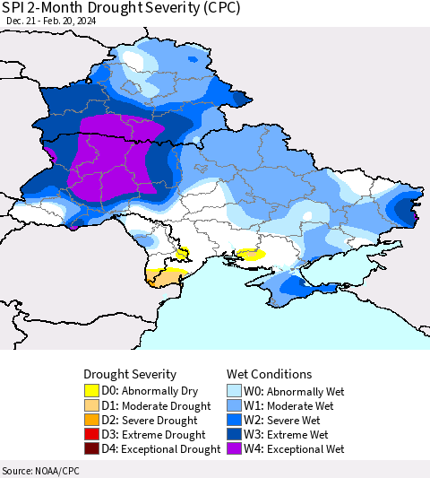 Ukraine, Moldova and Belarus SPI 2-Month Drought Severity (CPC) Thematic Map For 12/21/2023 - 2/20/2024