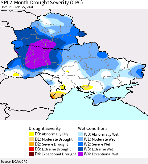 Ukraine, Moldova and Belarus SPI 2-Month Drought Severity (CPC) Thematic Map For 12/26/2023 - 2/25/2024