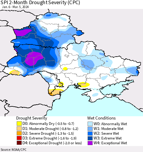 Ukraine, Moldova and Belarus SPI 2-Month Drought Severity (CPC) Thematic Map For 1/6/2024 - 3/5/2024