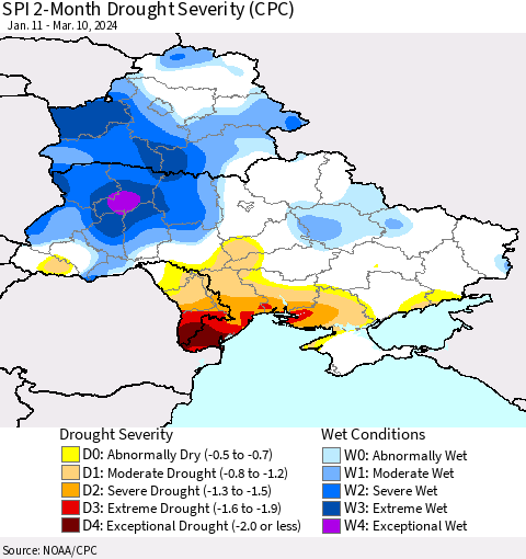 Ukraine, Moldova and Belarus SPI 2-Month Drought Severity (CPC) Thematic Map For 1/11/2024 - 3/10/2024
