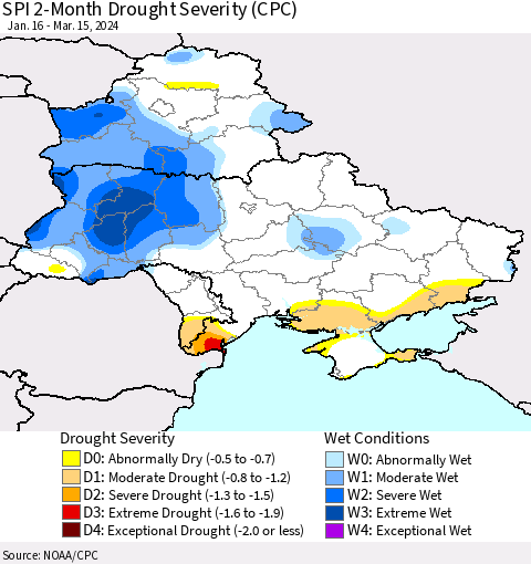 Ukraine, Moldova and Belarus SPI 2-Month Drought Severity (CPC) Thematic Map For 1/16/2024 - 3/15/2024