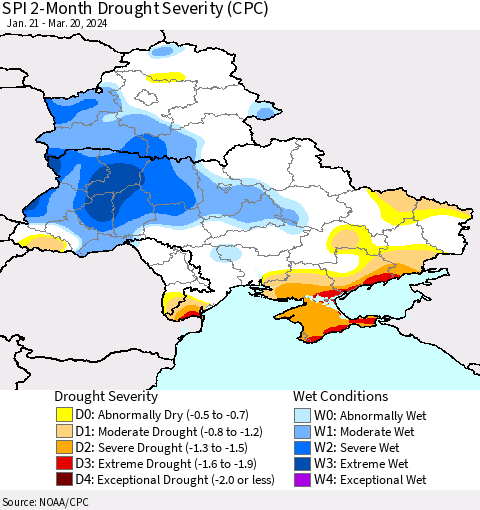 Ukraine, Moldova and Belarus SPI 2-Month Drought Severity (CPC) Thematic Map For 1/21/2024 - 3/20/2024