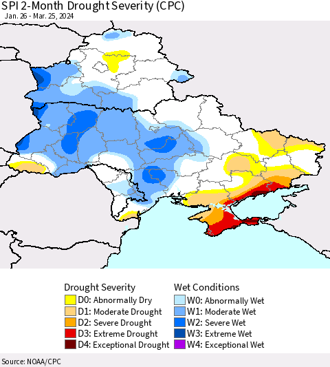 Ukraine, Moldova and Belarus SPI 2-Month Drought Severity (CPC) Thematic Map For 1/26/2024 - 3/25/2024