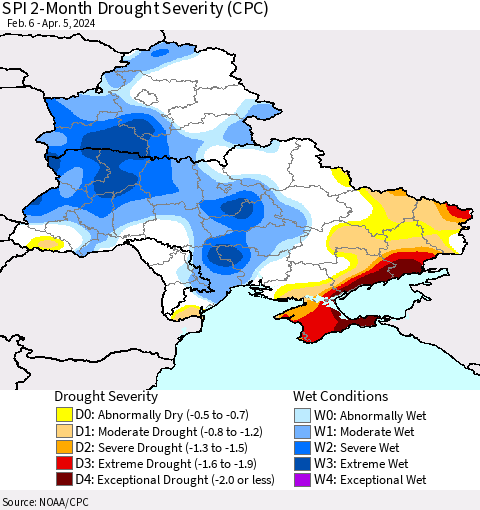 Ukraine, Moldova and Belarus SPI 2-Month Drought Severity (CPC) Thematic Map For 2/6/2024 - 4/5/2024