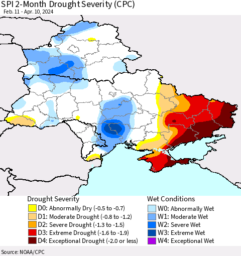 Ukraine, Moldova and Belarus SPI 2-Month Drought Severity (CPC) Thematic Map For 2/11/2024 - 4/10/2024