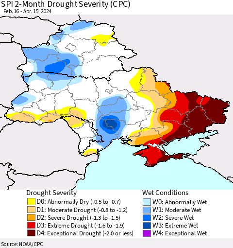 Ukraine, Moldova and Belarus SPI 2-Month Drought Severity (CPC) Thematic Map For 2/16/2024 - 4/15/2024