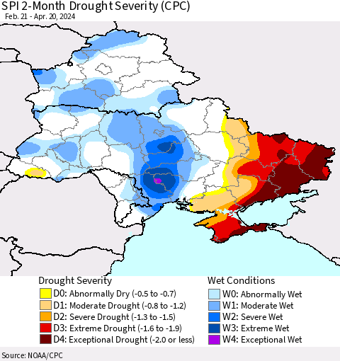 Ukraine, Moldova and Belarus SPI 2-Month Drought Severity (CPC) Thematic Map For 2/21/2024 - 4/20/2024
