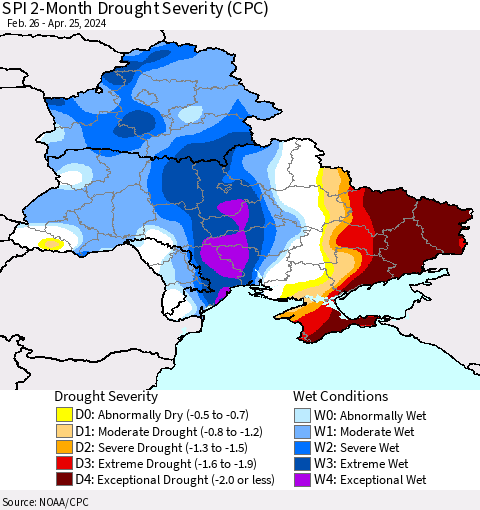 Ukraine, Moldova and Belarus SPI 2-Month Drought Severity (CPC) Thematic Map For 2/26/2024 - 4/25/2024