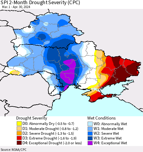 Ukraine, Moldova and Belarus SPI 2-Month Drought Severity (CPC) Thematic Map For 3/1/2024 - 4/30/2024