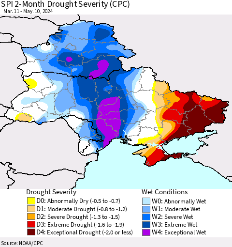 Ukraine, Moldova and Belarus SPI 2-Month Drought Severity (CPC) Thematic Map For 3/11/2024 - 5/10/2024