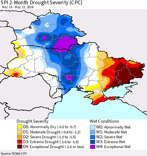Ukraine, Moldova and Belarus SPI 2-Month Drought Severity (CPC) Thematic Map For 3/16/2024 - 5/15/2024