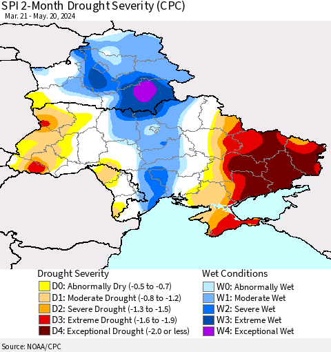 Ukraine, Moldova and Belarus SPI 2-Month Drought Severity (CPC) Thematic Map For 3/21/2024 - 5/20/2024