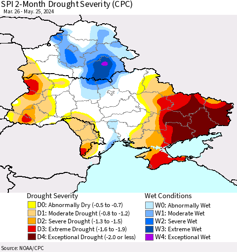 Ukraine, Moldova and Belarus SPI 2-Month Drought Severity (CPC) Thematic Map For 3/26/2024 - 5/25/2024
