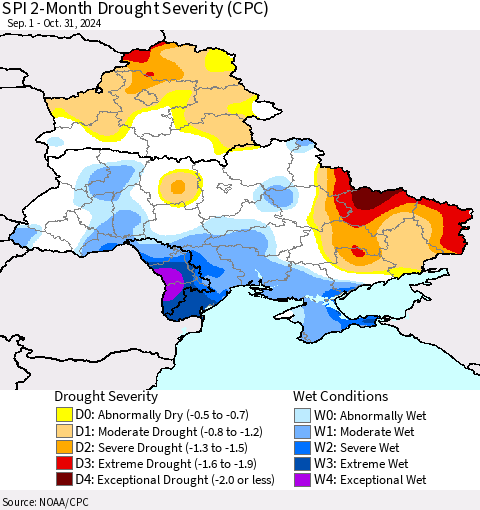 Ukraine, Moldova and Belarus SPI 2-Month Drought Severity (CPC) Thematic Map For 9/1/2024 - 10/31/2024