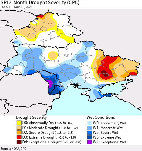 Ukraine, Moldova and Belarus SPI 2-Month Drought Severity (CPC) Thematic Map For 9/11/2024 - 11/10/2024