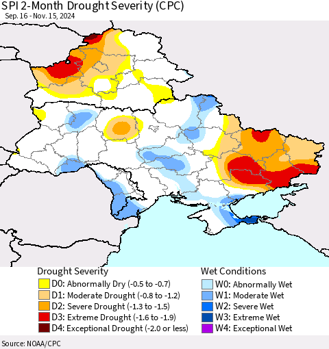 Ukraine, Moldova and Belarus SPI 2-Month Drought Severity (CPC) Thematic Map For 9/16/2024 - 11/15/2024