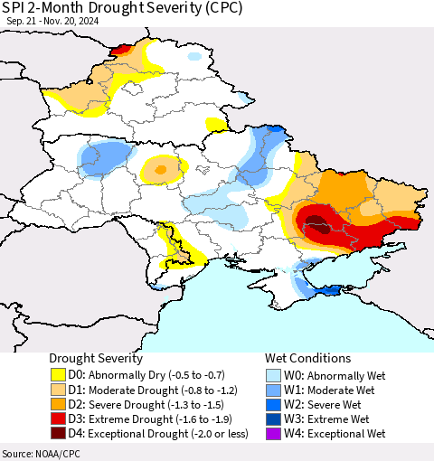 Ukraine, Moldova and Belarus SPI 2-Month Drought Severity (CPC) Thematic Map For 9/21/2024 - 11/20/2024