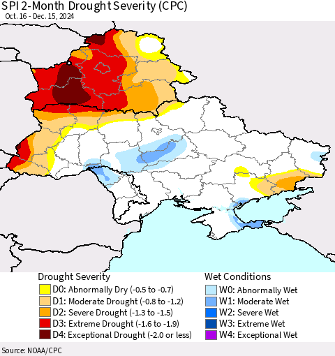 Ukraine, Moldova and Belarus SPI 2-Month Drought Severity (CPC) Thematic Map For 10/16/2024 - 12/15/2024