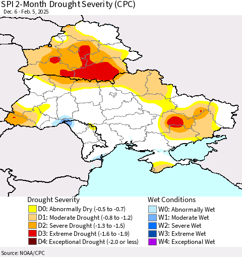 Ukraine, Moldova and Belarus SPI 2-Month Drought Severity (CPC) Thematic Map For 12/6/2024 - 2/5/2025