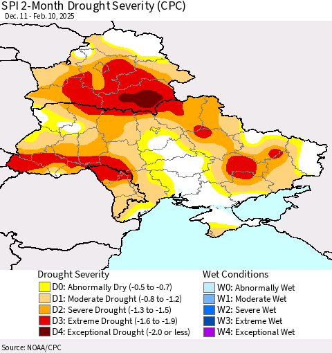 Ukraine, Moldova and Belarus SPI 2-Month Drought Severity (CPC) Thematic Map For 12/11/2024 - 2/10/2025