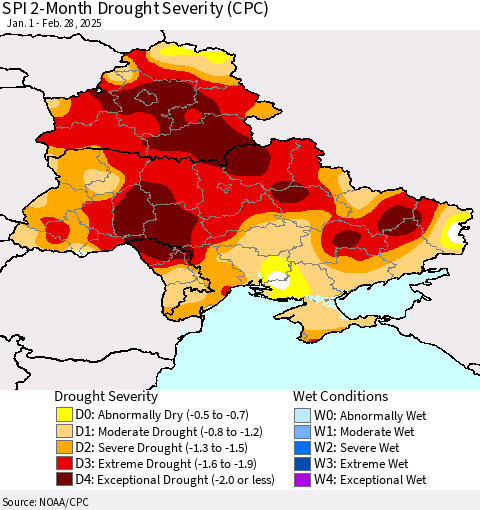 Ukraine, Moldova and Belarus SPI 2-Month Drought Severity (CPC) Thematic Map For 1/1/2025 - 2/28/2025