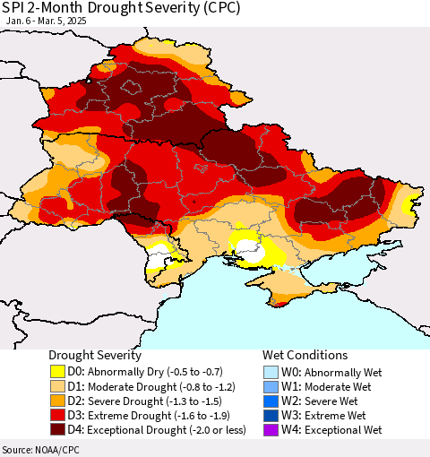 Ukraine, Moldova and Belarus SPI 2-Month Drought Severity (CPC) Thematic Map For 1/6/2025 - 3/5/2025