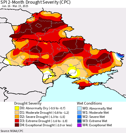 Ukraine, Moldova and Belarus SPI 2-Month Drought Severity (CPC) Thematic Map For 1/16/2025 - 3/15/2025