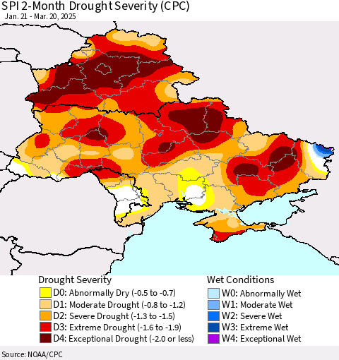 Ukraine, Moldova and Belarus SPI 2-Month Drought Severity (CPC) Thematic Map For 1/21/2025 - 3/20/2025