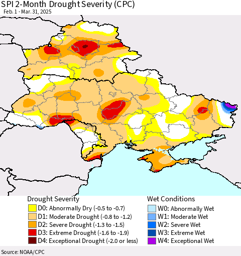 Ukraine, Moldova and Belarus SPI 2-Month Drought Severity (CPC) Thematic Map For 2/1/2025 - 3/31/2025
