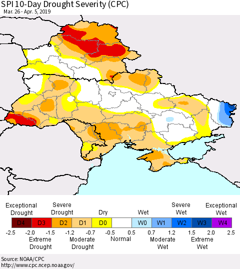 Ukraine, Moldova and Belarus SPI 10-Day Drought Severity (CPC) Thematic Map For 3/26/2019 - 4/5/2019
