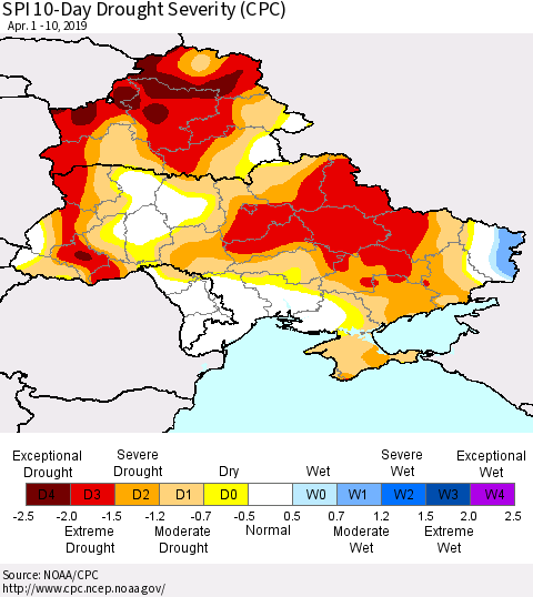 Ukraine, Moldova and Belarus SPI 10-Day Drought Severity (CPC) Thematic Map For 4/1/2019 - 4/10/2019