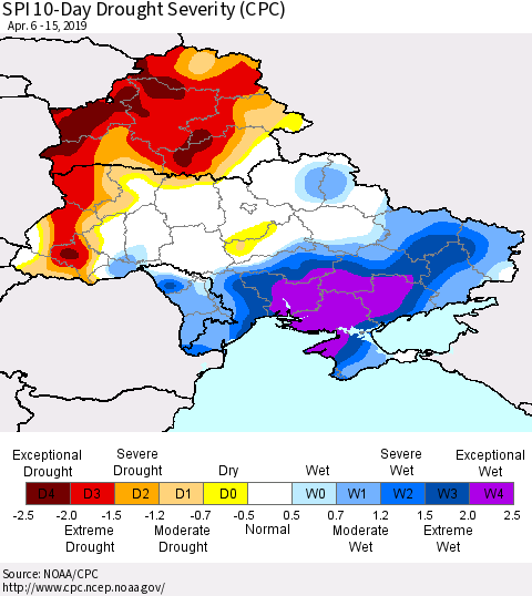 Ukraine, Moldova and Belarus SPI 10-Day Drought Severity (CPC) Thematic Map For 4/6/2019 - 4/15/2019