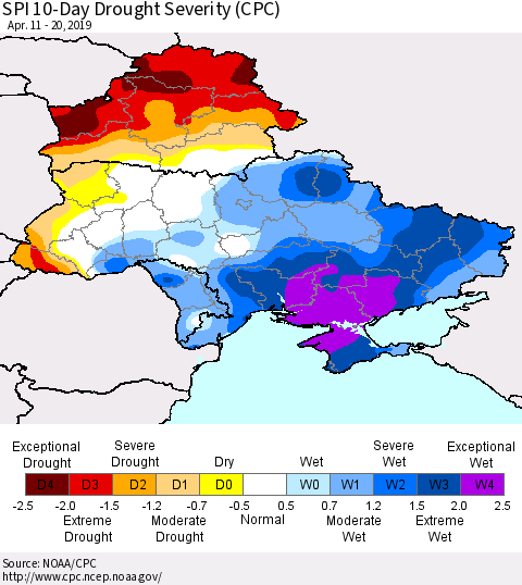 Ukraine, Moldova and Belarus SPI 10-Day Drought Severity (CPC) Thematic Map For 4/11/2019 - 4/20/2019