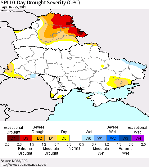 Ukraine, Moldova and Belarus SPI 10-Day Drought Severity (CPC) Thematic Map For 4/16/2019 - 4/25/2019
