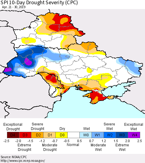 Ukraine, Moldova and Belarus SPI 10-Day Drought Severity (CPC) Thematic Map For 4/21/2019 - 4/30/2019