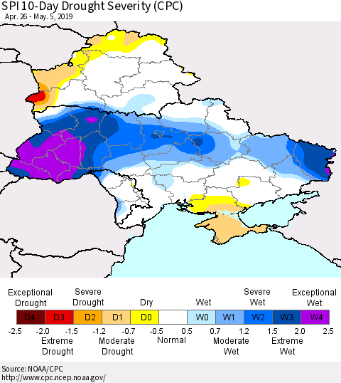 Ukraine, Moldova and Belarus SPI 10-Day Drought Severity (CPC) Thematic Map For 4/26/2019 - 5/5/2019