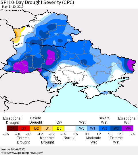 Ukraine, Moldova and Belarus SPI 10-Day Drought Severity (CPC) Thematic Map For 5/1/2019 - 5/10/2019
