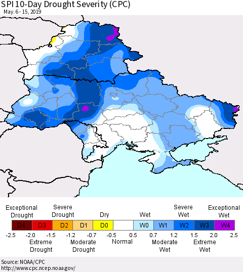 Ukraine, Moldova and Belarus SPI 10-Day Drought Severity (CPC) Thematic Map For 5/6/2019 - 5/15/2019