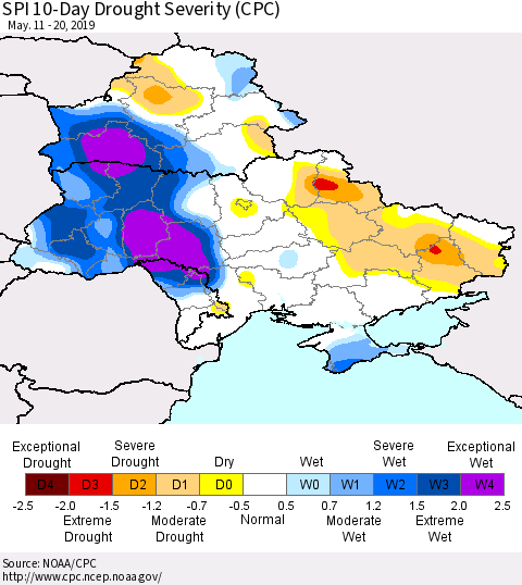 Ukraine, Moldova and Belarus SPI 10-Day Drought Severity (CPC) Thematic Map For 5/11/2019 - 5/20/2019