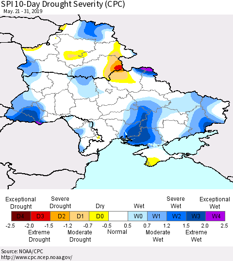 Ukraine, Moldova and Belarus SPI 10-Day Drought Severity (CPC) Thematic Map For 5/21/2019 - 5/31/2019