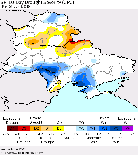 Ukraine, Moldova and Belarus SPI 10-Day Drought Severity (CPC) Thematic Map For 5/26/2019 - 6/5/2019